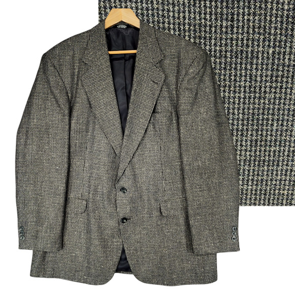 Vtg Haggar Tweed Blazer sz 44L Men Houndstooth Poly Wool Silk Black White Preppy - Picture 1 of 14